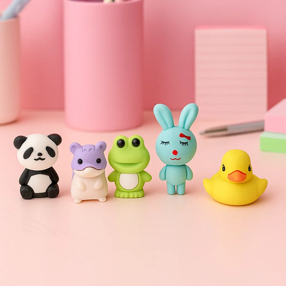 un lot de 5 gommes en forme d'animaux trop mignons : panda, hamster, grenouille, lapin et canard. Rigolotes et fun à utiliser, elles égayent votre bureau !