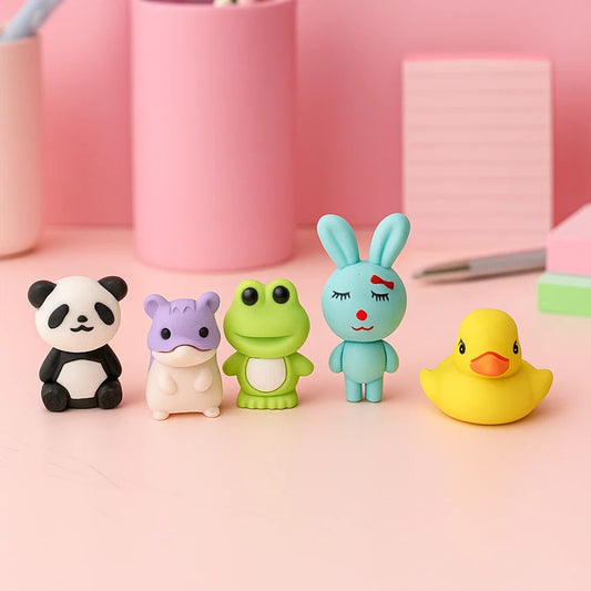un lot de 5 gommes en forme d'animaux trop mignons : panda, hamster, grenouille, lapin et canard. Rigolotes et fun à utiliser, elles égayent votre bureau !