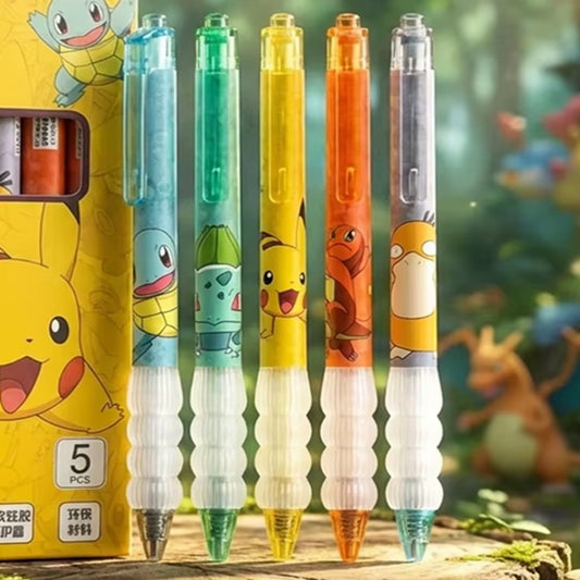 un lot de 5 stylos aux couleurs et à l'effigie des pokemon Pikachu, Carapuce, Bulbizzare, Psykokwak et Salamèche