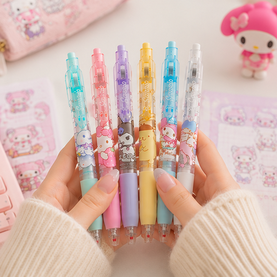 Lot de 6 stylos rétractables Sanrio pastel tenus dans les mains, personnages kawaii (Hello Kitty, My Melody, Cinnamoroll, Pompompurin), fond bureau rose avec papeterie et figurine assortie