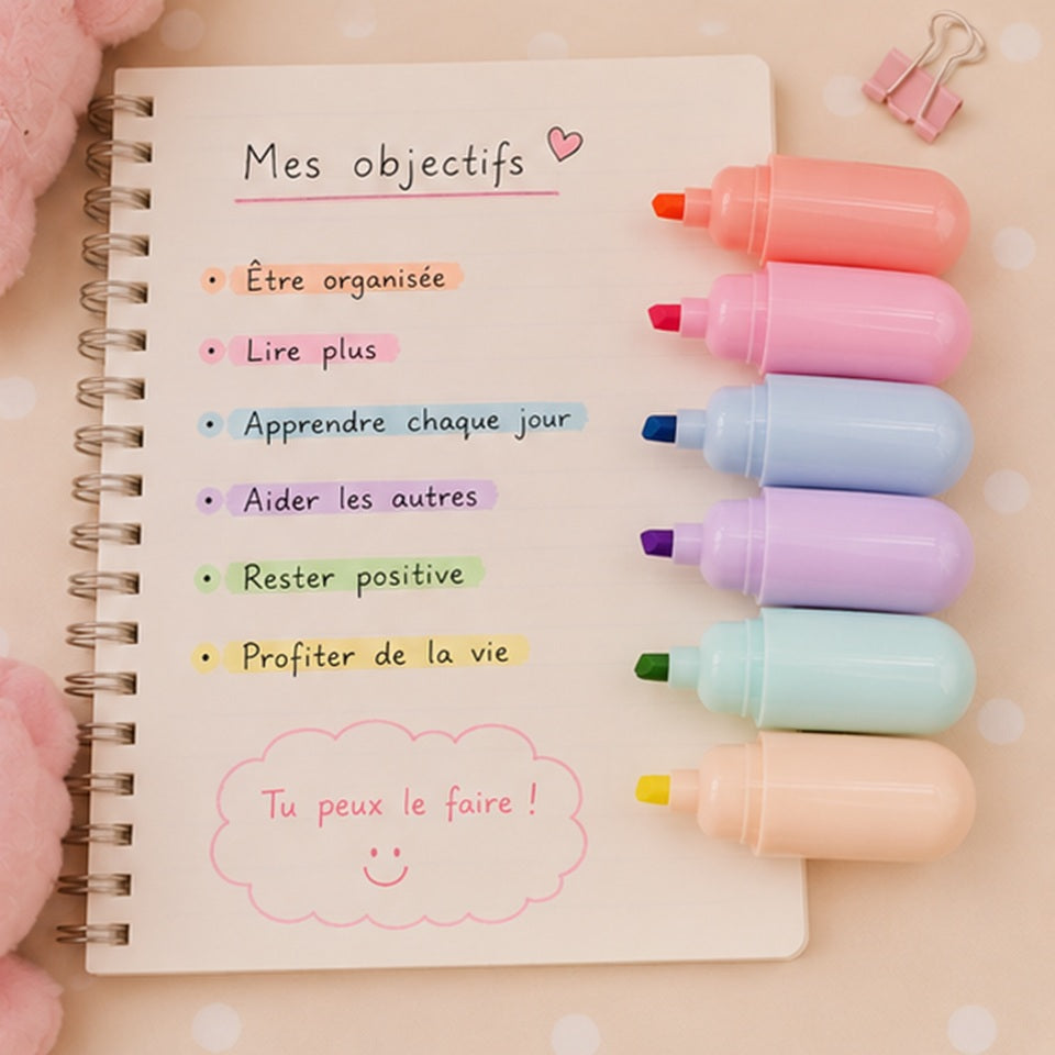 Surligneurs gélules kawaii colorés sur fond blanc, idée cadeau parfaite pour les amoureux de papeterie 🎁