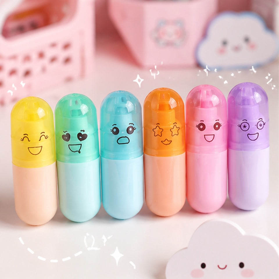 Surligneurs gélules kawaii en 6 couleurs posés ensemble, lot complet de 5 cm chacun 💊