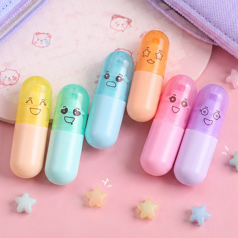 Surligneurs gélules kawaii rose, bleu, jaune et mauve, parfaits pour l’école ou le bureau ✨