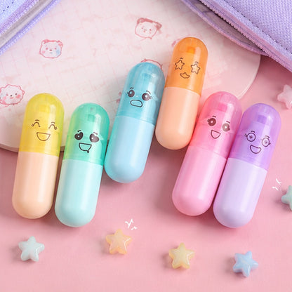 Surligneurs gélules kawaii rose, bleu, jaune et mauve, parfaits pour l’école ou le bureau ✨