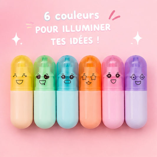 Lot de 6 surligneurs kawaii en forme de gélules colorées pastel avec expressions rigolotes 💊