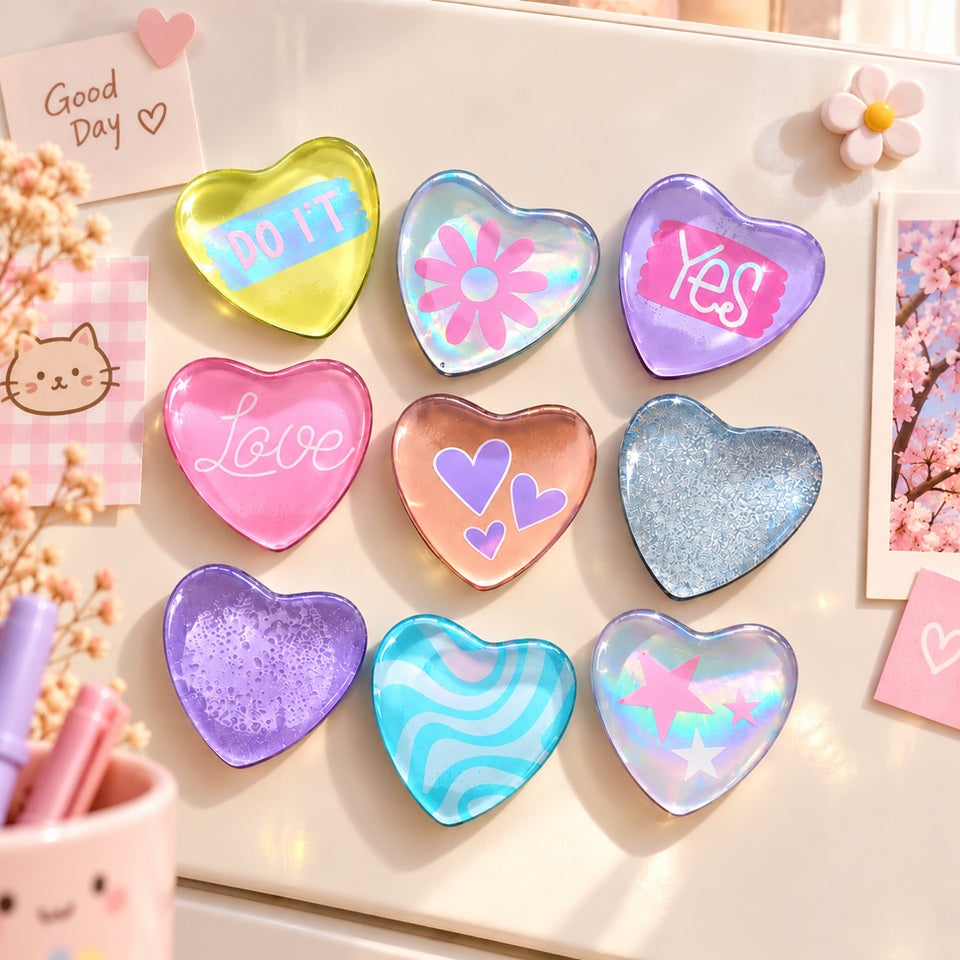 Lot de neuf magnets kawaii en forme de cœur, aux couleurs pastel et aux finitions brillantes, présentés sur un réfrigérateur blanc. Ces adorables aimants décoratifs présentent des motifs variés : inscriptions « Love », « Yes » et « DO IT », petits cœurs violets, fleur rose, étoiles holographiques, vagues turquoise et deux cœurs noirs unis. Leurs effets transparents, irisés et scintillants apportent une touche de douceur et de fantaisie. 