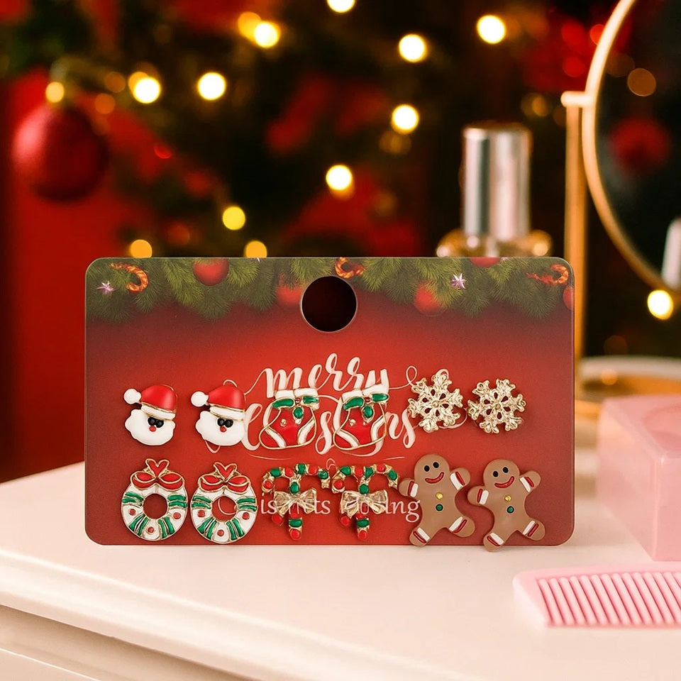 un lot de 6 jolies paires de boucles d'oreilles sur le thème de Noël : le père Noël, les chaussettes de Noël, les flocons de neige, les couronnes de Noël, les sucre d'orge et les bonhomme en pain d'épice. Dans les tons rouge, vert et doré, elles sont parfaites pour les soirées de décembre.