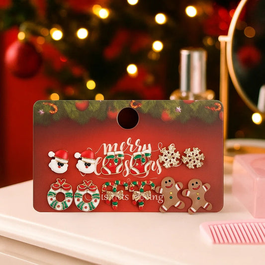 un lot de 6 jolies paires de boucles d'oreilles sur le thème de Noël : le père Noël, les chaussettes de Noël, les flocons de neige, les couronnes de Noël, les sucre d'orge et les bonhomme en pain d'épice. Dans les tons rouge, vert et doré, elles sont parfaites pour les soirées de décembre.