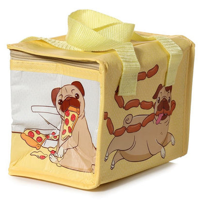 un sac isotherme au motif d'un carlin hyper drôle et gourmand. il tient de la nourriture dans sa gueule mais est trop mignon. Idéal pour transporter vos boites, repas, snacks et boissons.
