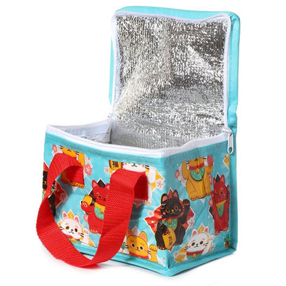 un sac repas isotherme au design de maneki neko noir jaune rouge et blanc. Idéal pour transporter repas, snacks et boissons.