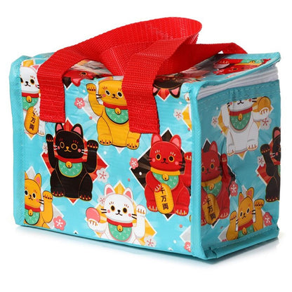 un sac repas isotherme au design de maneki neko noir jaune rouge et blanc. Idéal pour transporter repas, snacks et boissons.