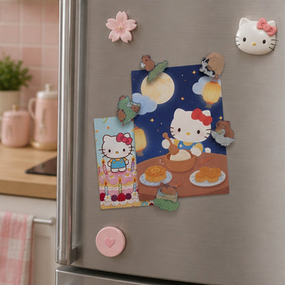 Des magnets kawaii représentant de petits animaux maintiennent des cartes Hello Kitty sur une porte de réfrigérateur grise. L'arrière-plan dévoile une cuisine aux tons roses pastel, créant une atmosphère douce, féminine et accueillante.