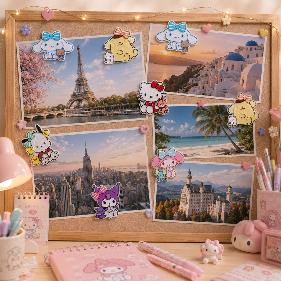 Magnets pailletés kawaii représentant plusieurs personnages Sanrio : Kuromi, cinnamoroll, Pompompurin, Hello Kitty, Pochacco et My Melody, placés sur un grand tableau décoratif en liège encadré de bois clair. Les magnets maintiennent de grandes photos de voyage montrant des paysages et monuments célèbres. L'ensemble est installé sur un bureau d'écolière kawaii aux tons pastel, avec stylos roses, carnet illustré, petites figurines et guirlande lumineuse. Ambiance douce, chaleureuse et féminine.
