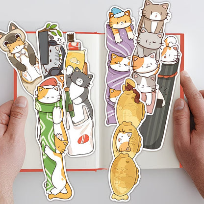 des marques-pages cartonnés représentant des chats bruns, roux et gris dans de situations cocasses et rigolotes. Idéals à collectionner, pratiques pour marquer vos livres
