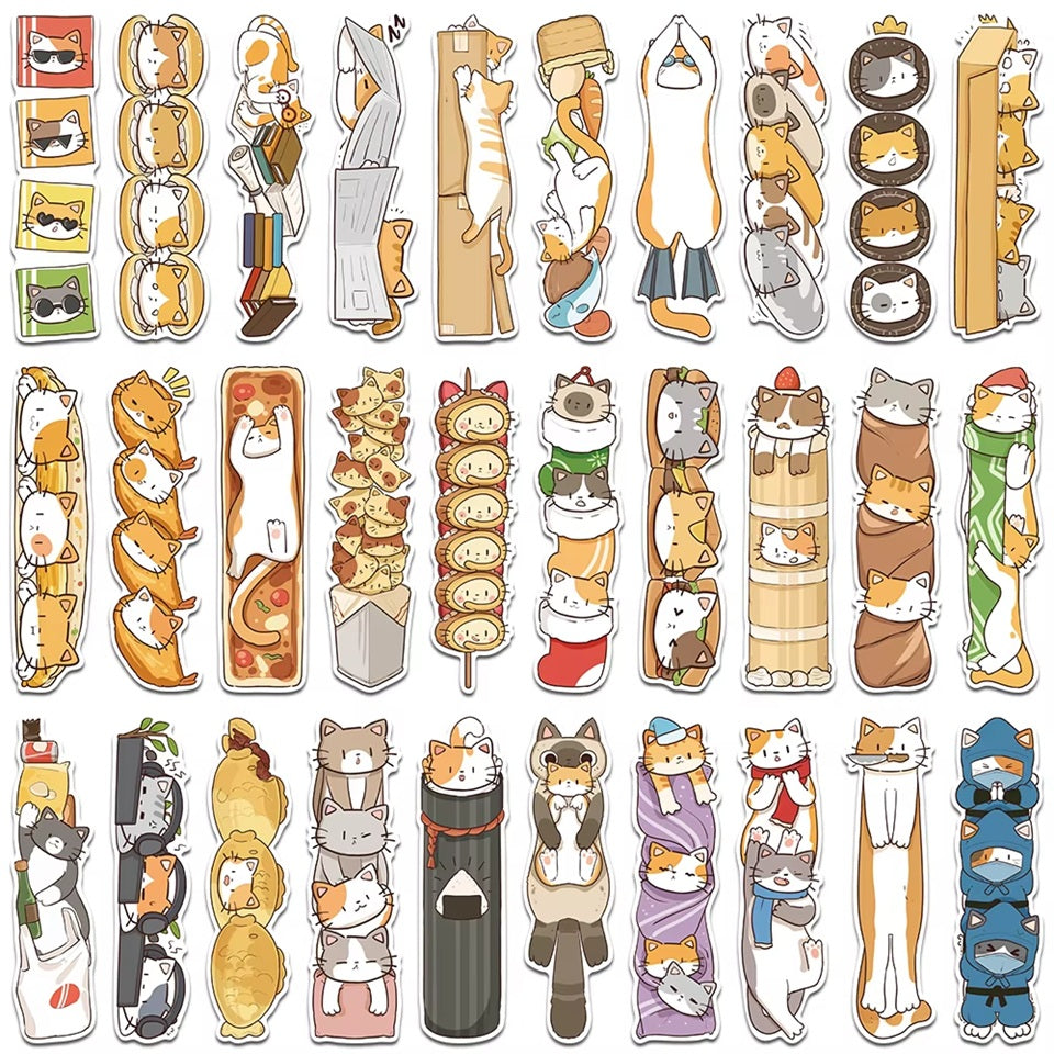 des marques-pages cartonnés représentant des chats bruns, roux et gris dans de situations cocasses et rigolotes.