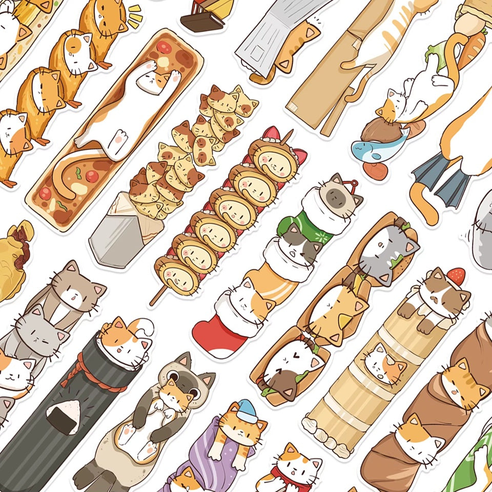 des marques-pages cartonnés représentant des chats bruns, roux et gris dans de situations cocasses et rigolotes. Idéals à collectionner, pratiques pour marquer vos livres