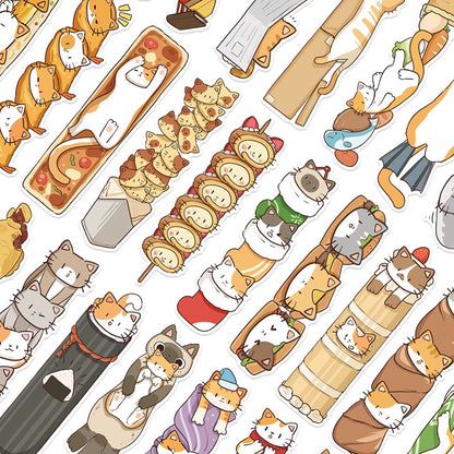 des marques-pages cartonnés représentant des chats bruns, roux et gris dans de situations cocasses et rigolotes. Idéals à collectionner, pratiques pour marquer vos livres