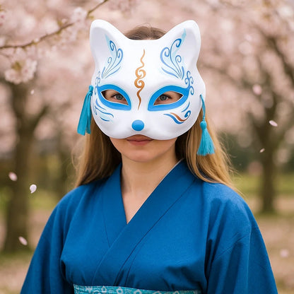 un masque de kistune bleu avec des détails dorés et des pompons bleus. Idéal pour le cosplay et les soirées déguisés