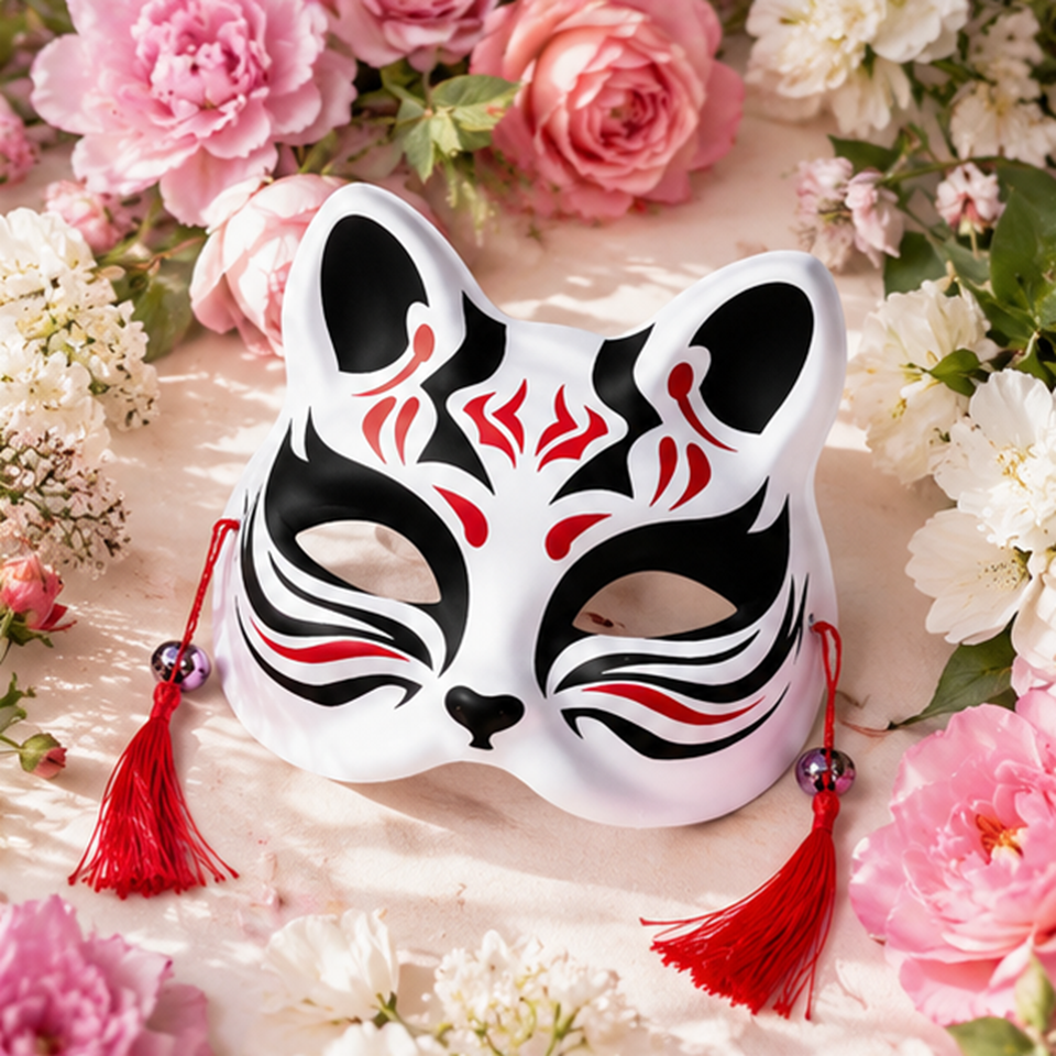 Masque kitsune rouge et noir