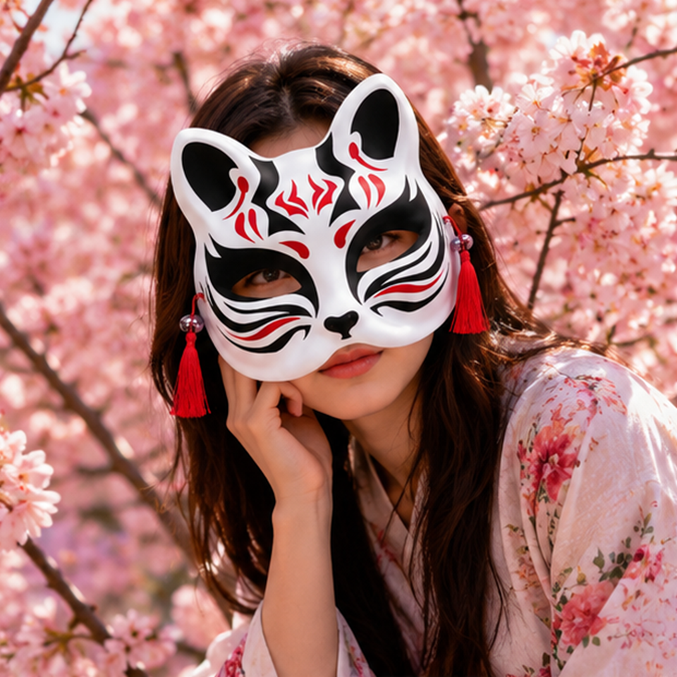 Masque kitsune rouge et noir