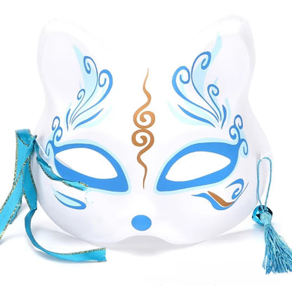 un masque de kistune bleu avec des détails dorés et des pompons bleus. Idéal pour le cosplay et les soirées déguisés