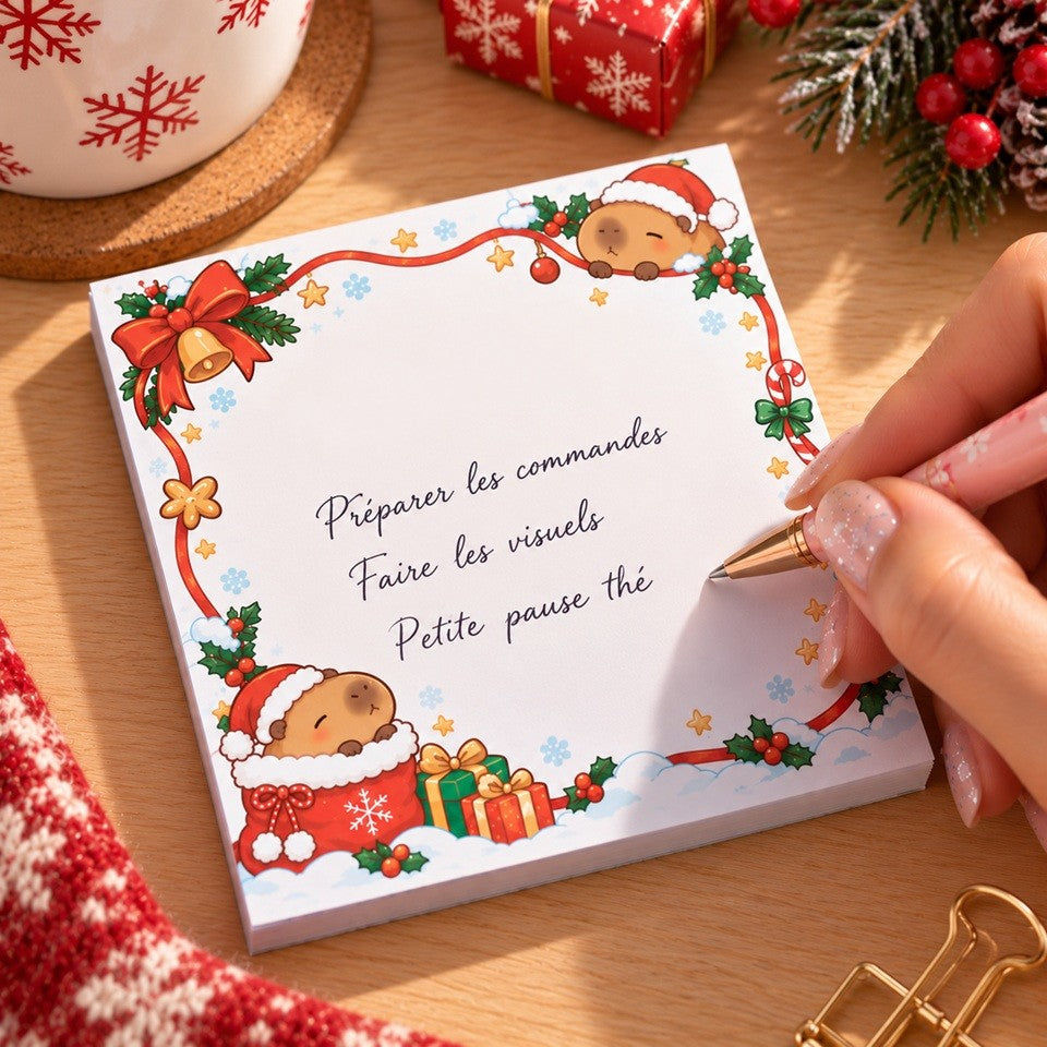 Bloc mémo carré kawaii de Noël illustré de deux adorables capybaras avec bonnets de Père Noël, cadeaux, houx et flocons. Une main féminine écrit une liste de tâches en français avec un stylo rose. Mémo décoratif et pratique pour noter ses rappels, listes et petites notes, présenté sur un bureau en bois clair dans une ambiance festive et cocooning.