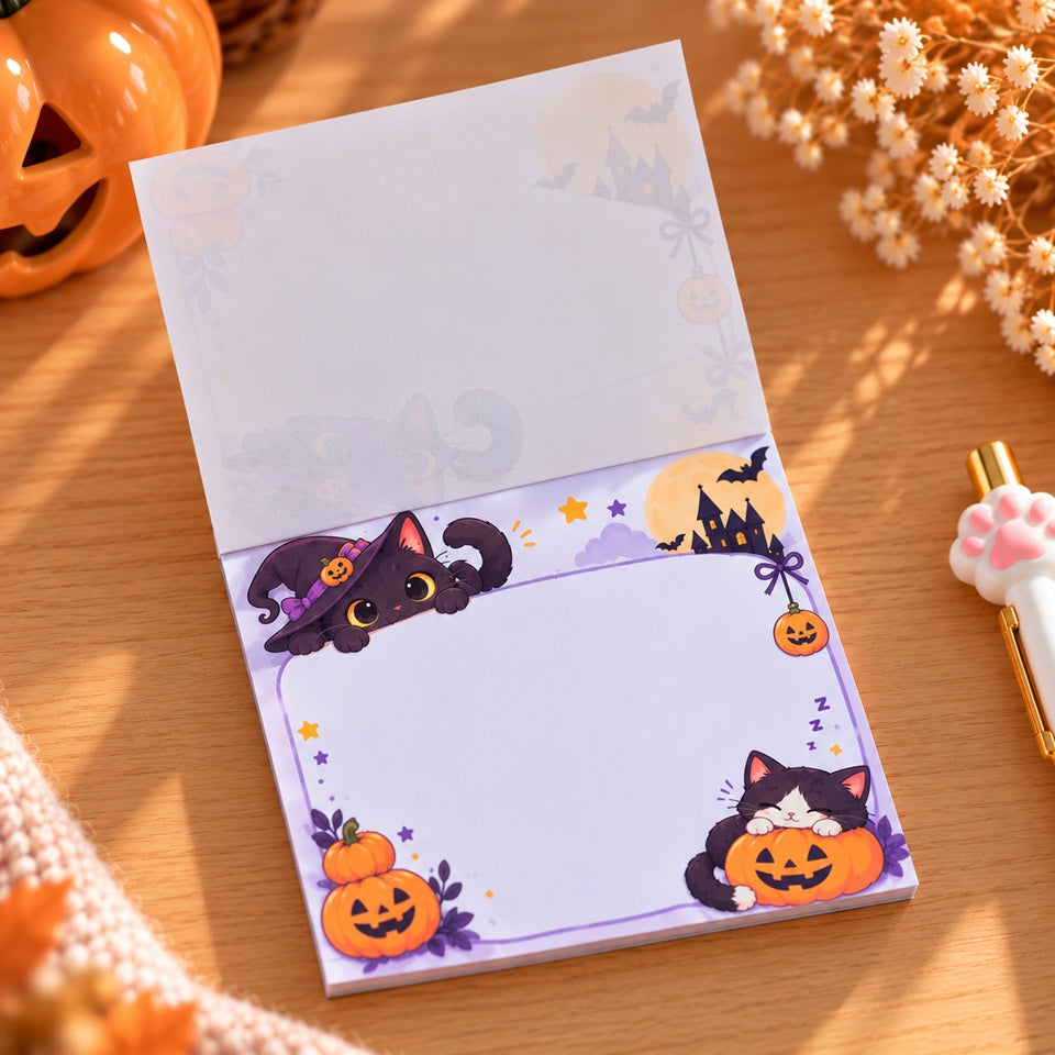 Mémo carré kawaii sur le thème d’Halloween, décoré de chats noirs, citrouilles, chauves-souris et château hanté, présenté sur un bureau en bois.
