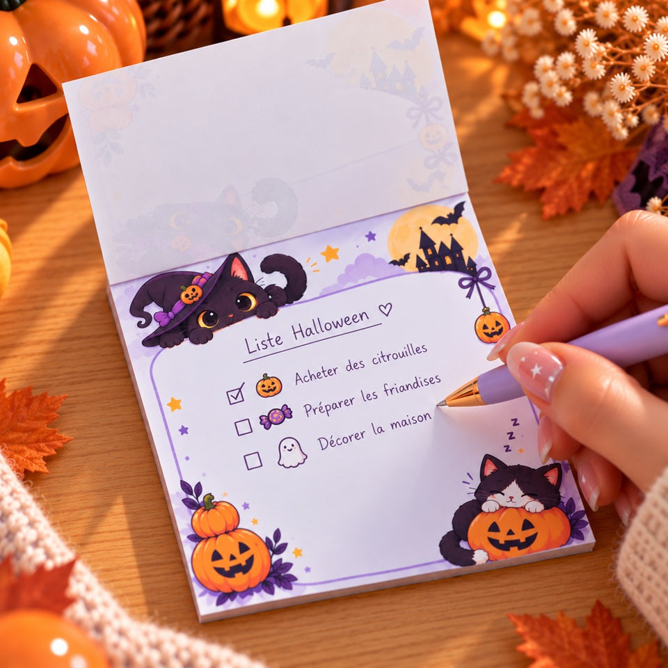 Mémo kawaii Halloween avec chats noirs et citrouilles, utilisé pour écrire une petite liste Halloween à la main dans un décor automnal orange et violet.