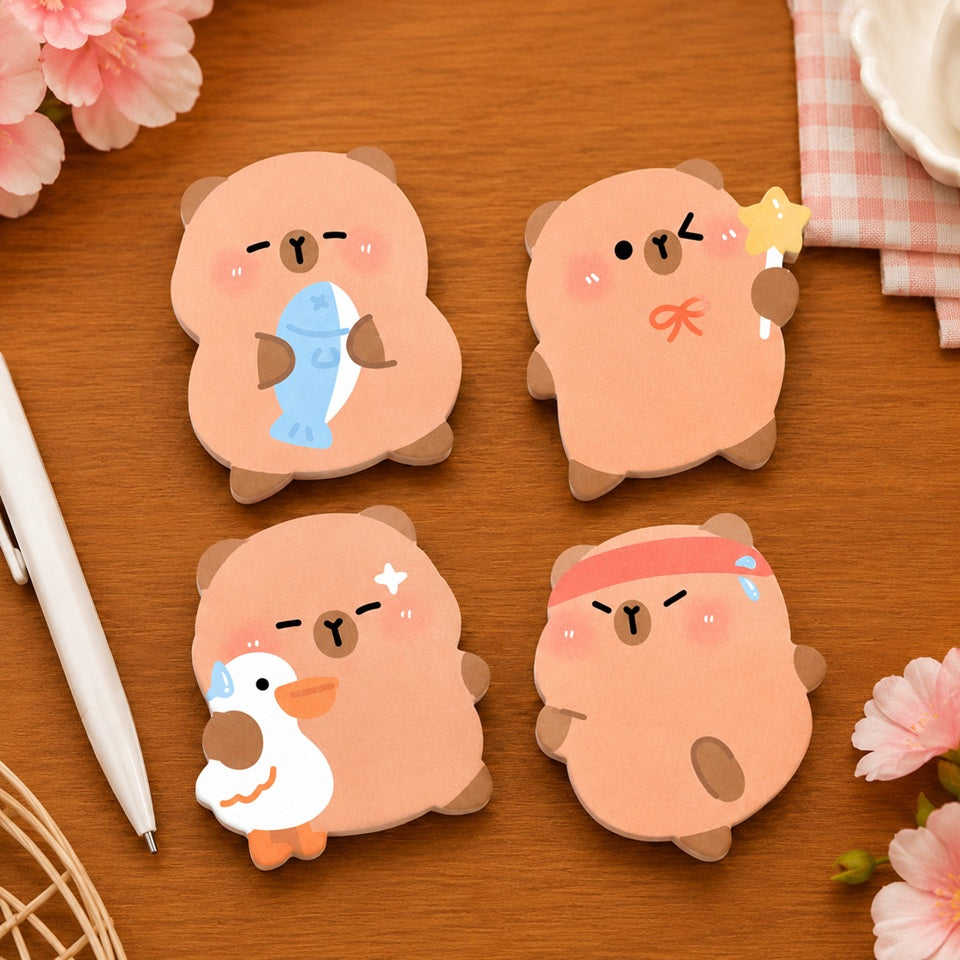 Mémos adhésifs capybara kawaii en 4 designs mignons : poisson, baguette étoile, pélican et bandeau 🦫