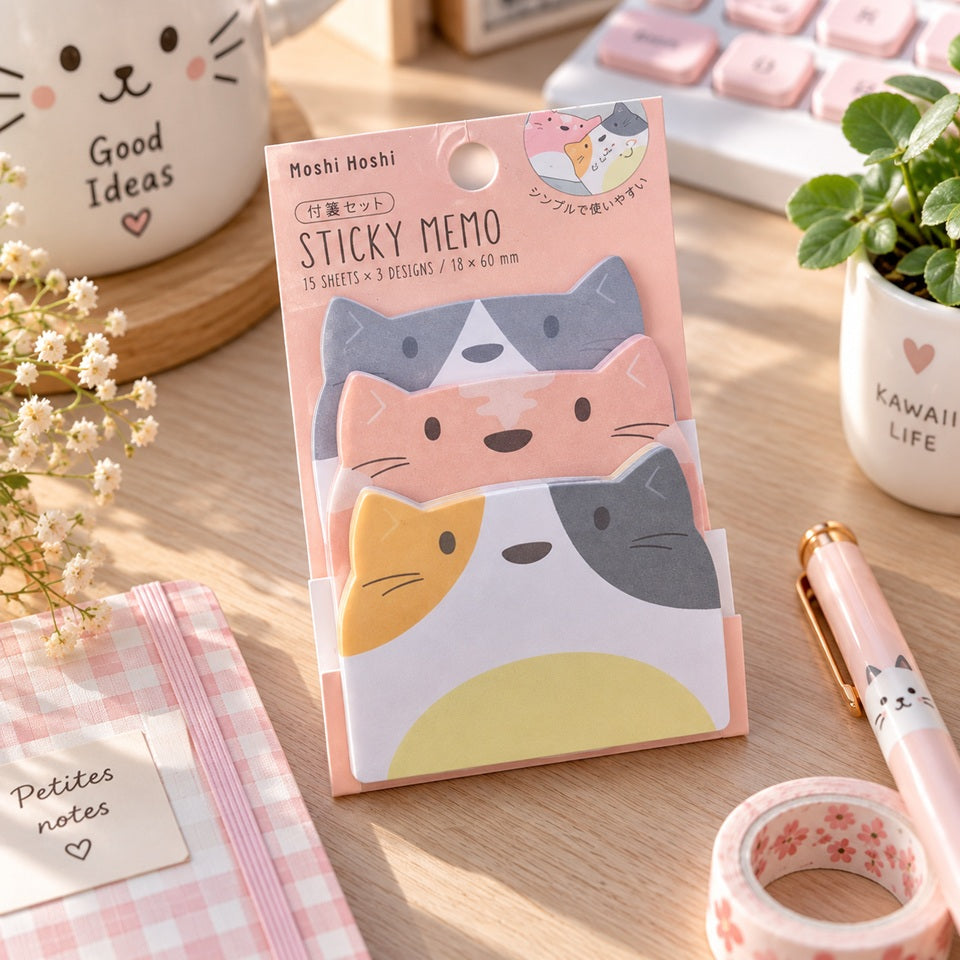Mémo adhésif kawaii en forme de chats colorés, avec trois designs différents, présenté dans un décor de papeterie japonaise rose et mignonne
