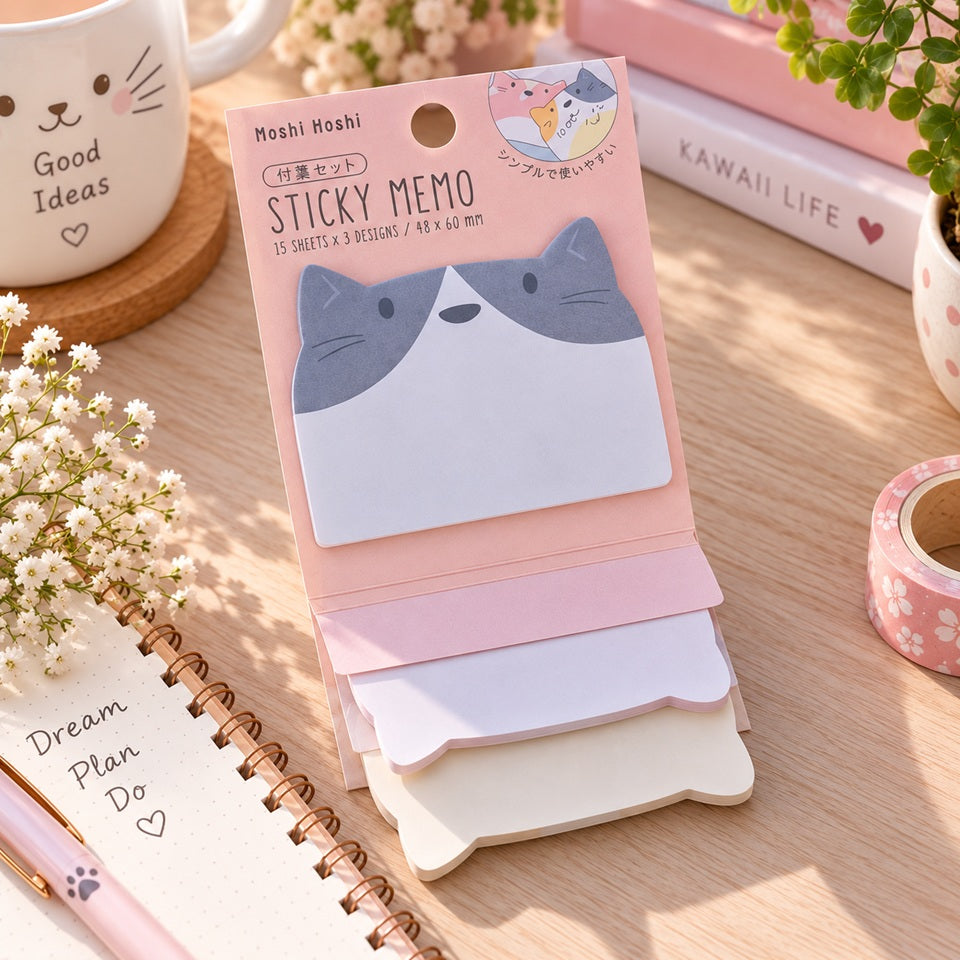 Mémo adhésif kawaii en forme de chat gris et blanc, présenté dans un décor de papeterie japonaise avec carnet, fleurs et accessoires roses