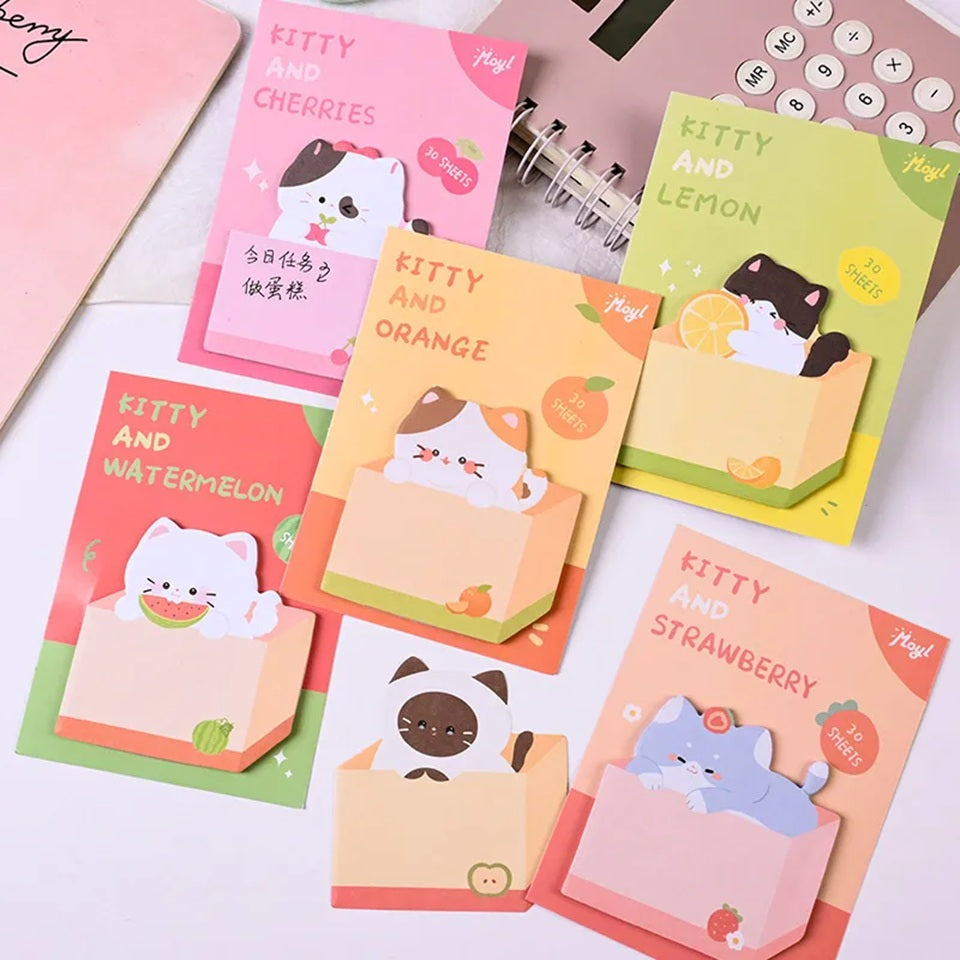 Lot de mémos adhésifs chat kawaii dans son carton, designs pastèque et citron, papeterie mignonne 🐱
