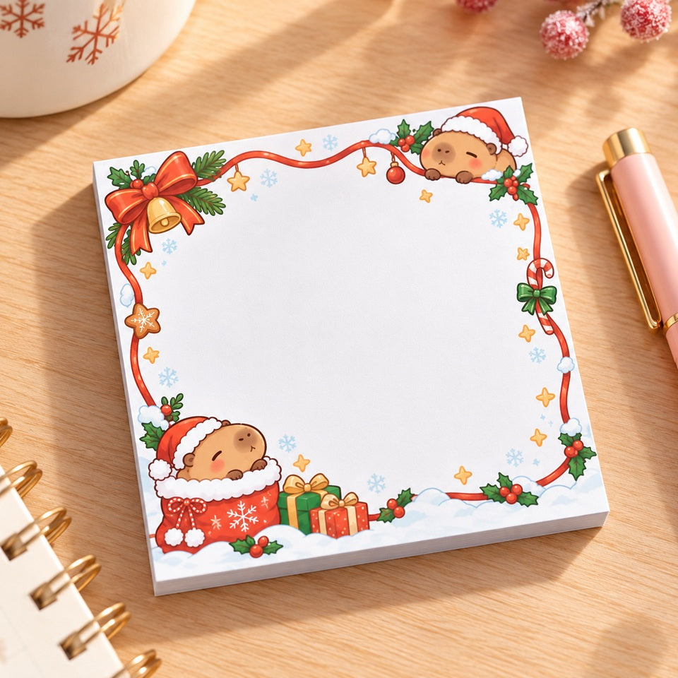 Bloc mémo carré kawaii sur le thème de Noël, illustré de deux adorables capybaras portant des bonnets de Père Noël, avec cadeaux, houx, flocons et décorations festives. Grande zone blanche pour écrire ses notes, rappels et listes de tâches. Présenté sur un bureau en bois clair dans une ambiance chaleureuse et cocooning.