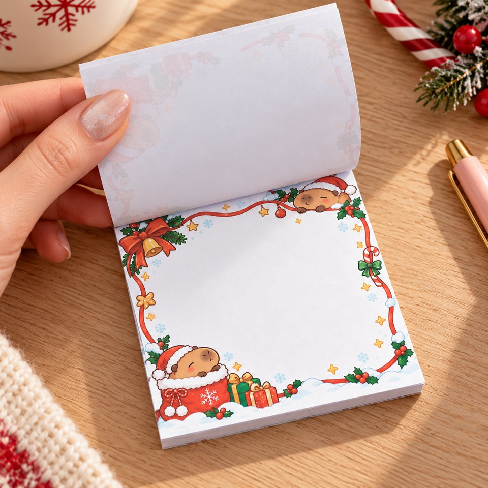 Bloc mémo carré kawaii de Noël aux adorables capybaras portant des bonnets de Père Noël, décoré de cadeaux, houx, flocons et rubans festifs. Une main féminine soulève une feuille pour dévoiler la grande zone d'écriture. Présenté sur un bureau en bois clair dans une ambiance chaleureuse et cocooning, idéal pour noter ses listes, rappels et petites notes du quotidien.
