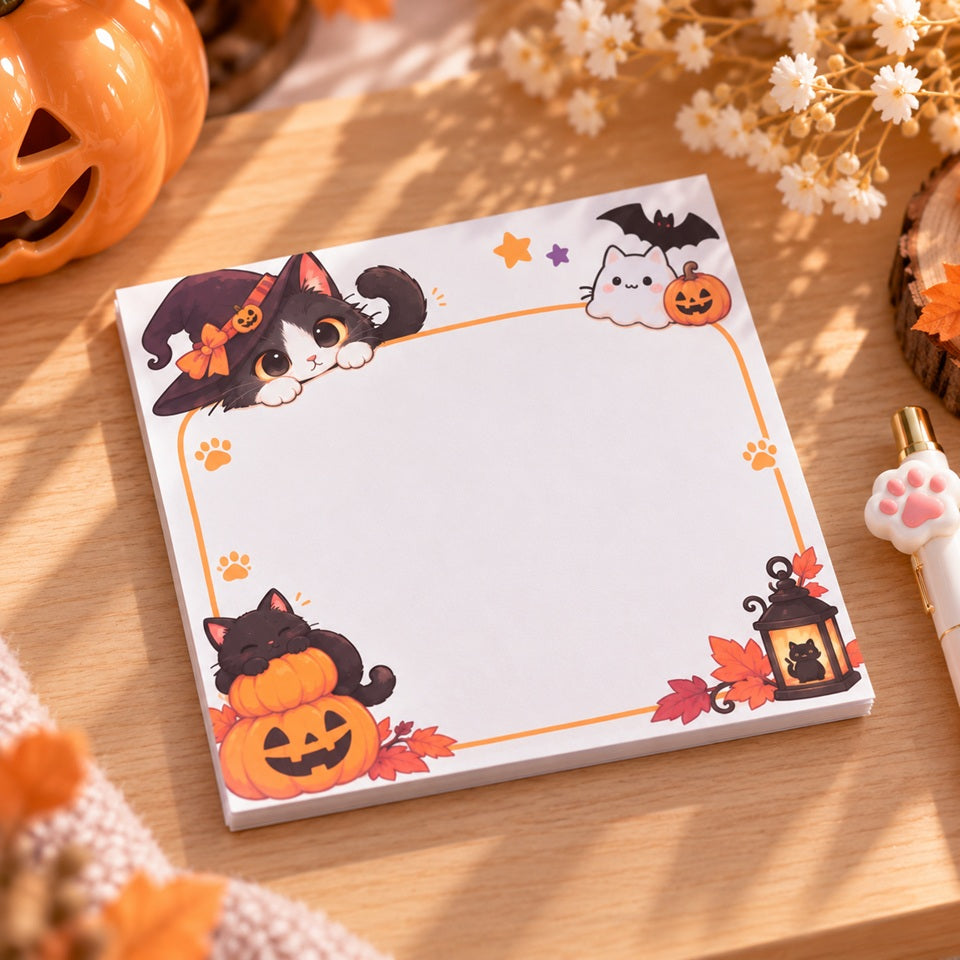 Mémo carré kawaii sur le thème d’Halloween, décoré de chats, citrouilles, fantôme, chauve-souris et feuilles d’automne, présenté sur un bureau en bois.