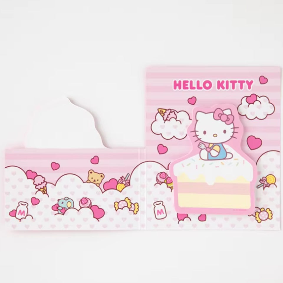 un duo de mémos adhésifs sur les personnages Sanrio: Kuromi, My Melody, Cinnamoroll, Hello Kitty et Pompompurin. Dans un petit livret décoré, deux modèles différents de mémos illustrés des personnages Sanrio.