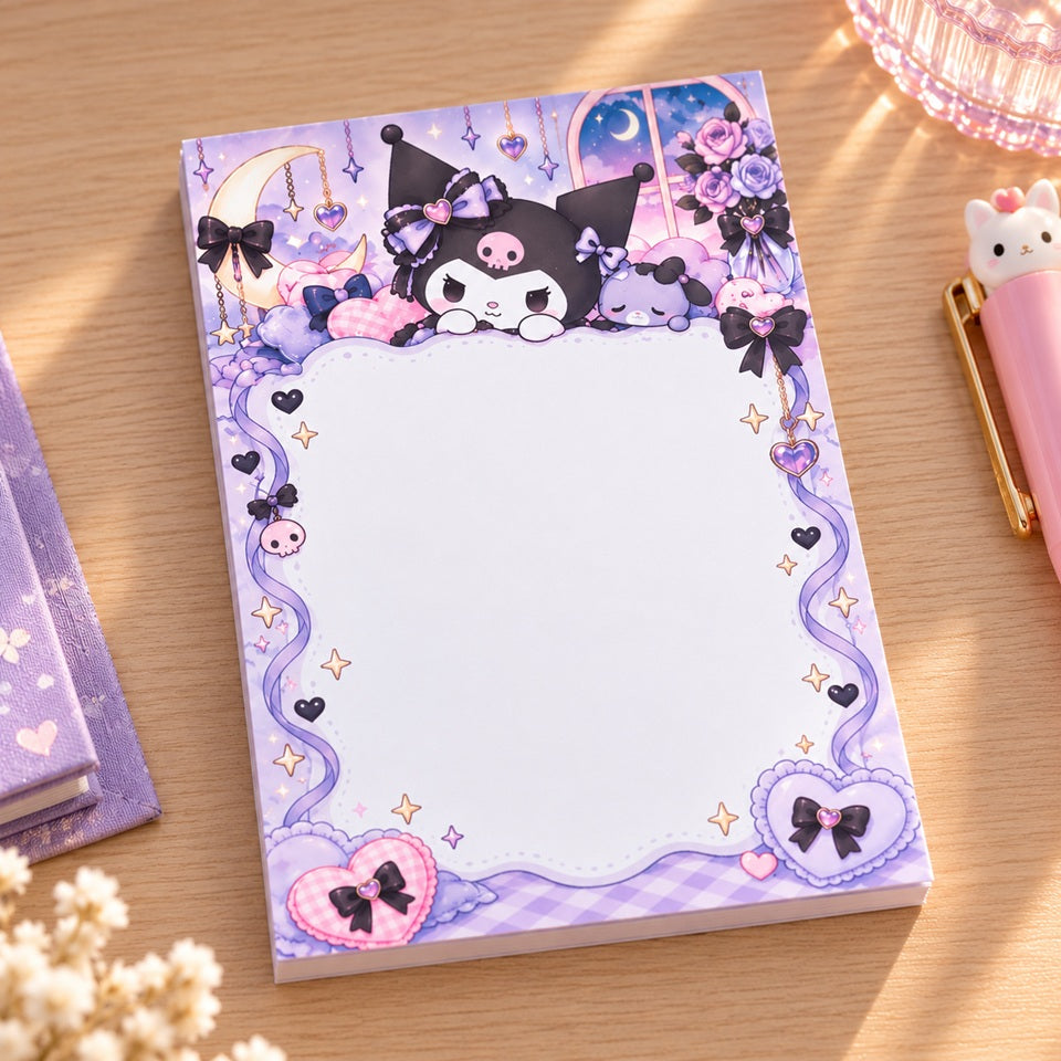 Bloc mémo kawaii Kuromi aux tons pastel violet et rose, décoré de nœuds, cœurs, étoiles et fleurs, avec une grande zone blanche pour écrire, posé sur un bureau en bois clair avec accessoires de papeterie.
