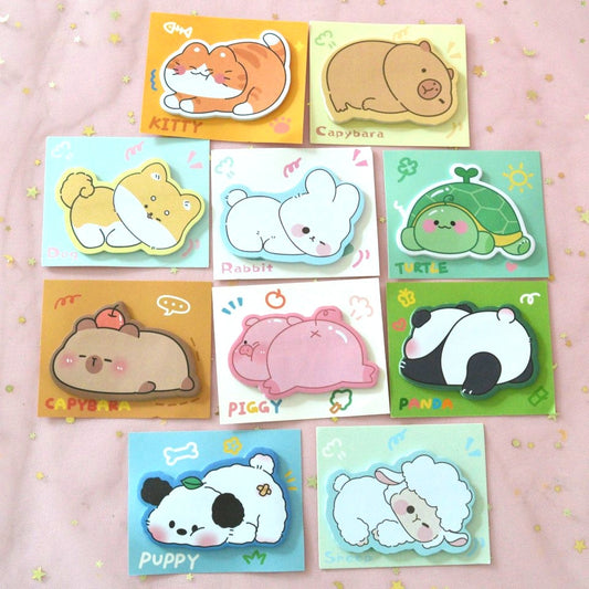 des mémos en forme d'animaux mignons : capybara, chat, chien, lapin, tortue, cochon, panda et mouton. Idéal pour égayer la papeterie