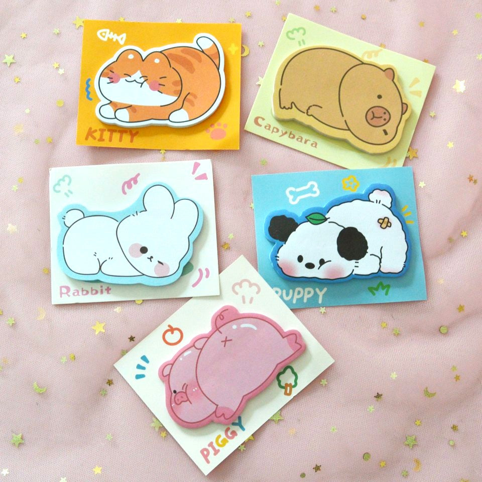 des mémos en forme d'animaux mignons : capybara, chat, chien, lapin, tortue, cochon, panda et mouton. Idéal pour égayer la papeterie