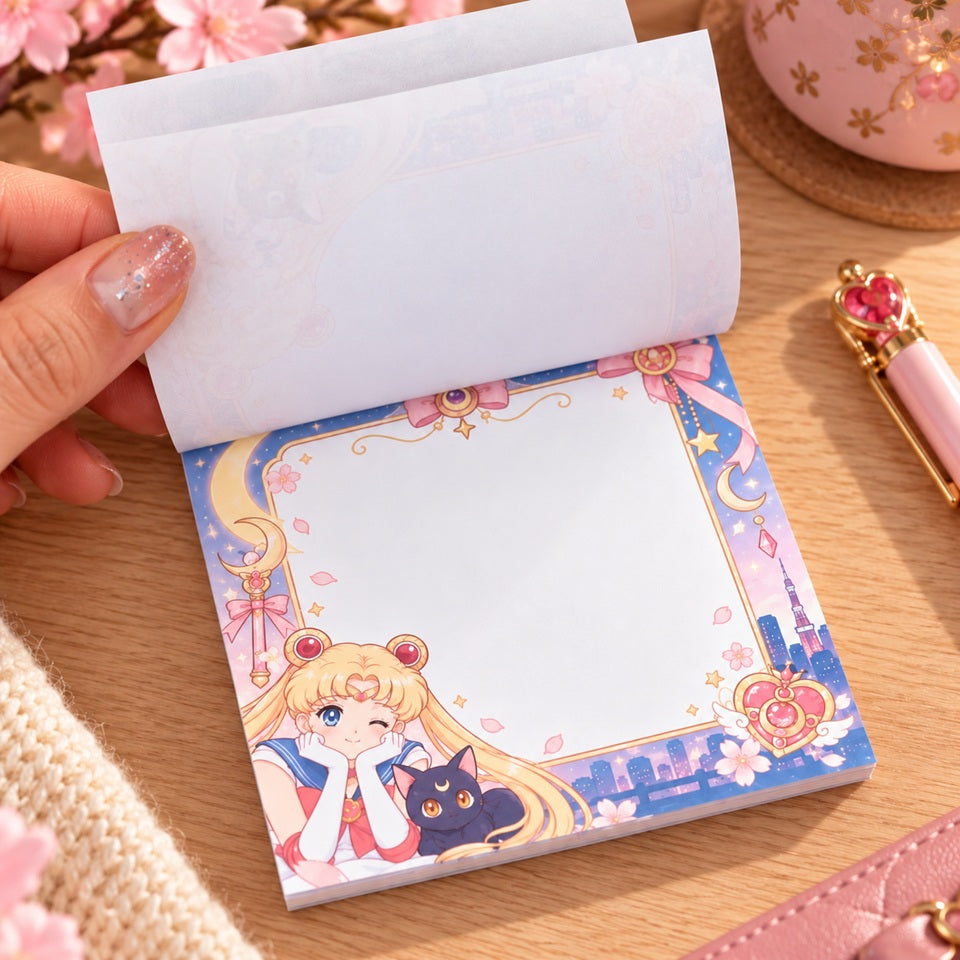 Bloc mémo carré kawaii Sailor Moon aux couleurs pastel rose, bleu nuit et doré, illustré de Sailor Moon et de son adorable chat noir Luna. Décor magique avec lunes, étoiles, nœuds et fleurs de cerisier, grande zone blanche pour écrire ses notes et rappels. Présenté sur un bureau en bois clair, avec une main soulevant une feuille du bloc-notes.