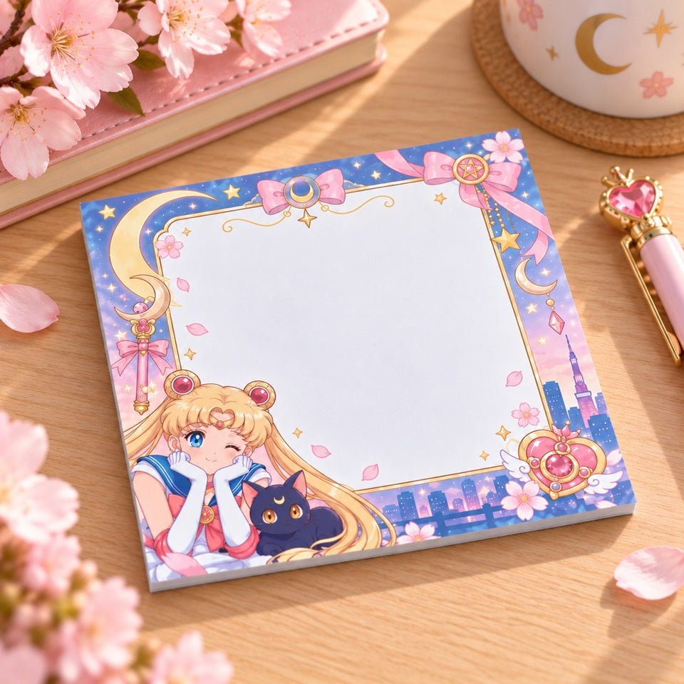 Bloc mémo carré kawaii Sailor Moon aux couleurs pastel rose, bleu et doré, illustré de Sailor Moon et de son adorable chat noir Luna. Décor magique avec lunes, étoiles, nœuds et fleurs de cerisier, et grande zone blanche pour écrire notes, rappels et listes. Présenté sur un bureau en bois clair dans une ambiance douce et romantique.