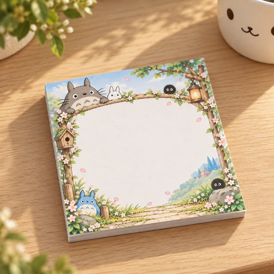 Mémo kawaii inspiré de Totoro et de l’univers Ghibli, avec décor fleuri, petits esprits de la forêt et grande zone blanche pour écrire.