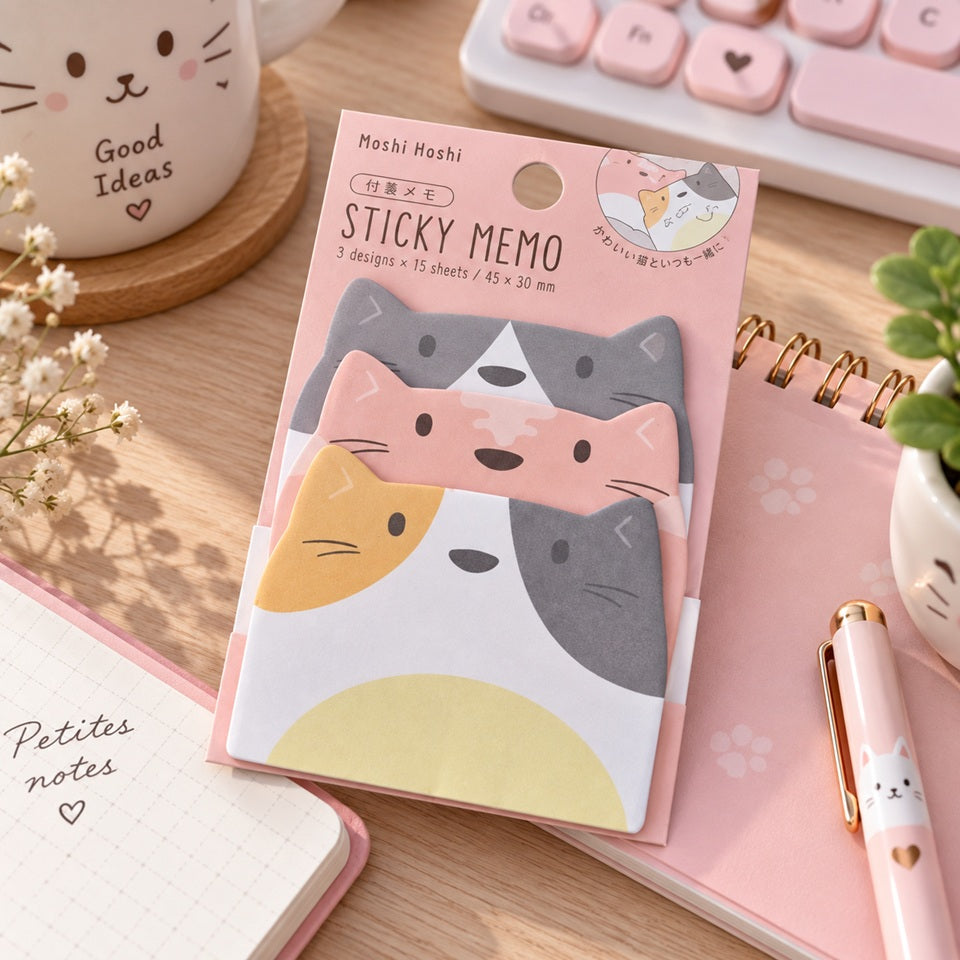 Bloc de mémos adhésifs kawaii en forme de chats colorés, présenté dans un joli décor de papeterie rose avec carnet et stylo