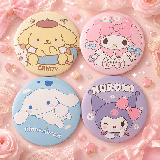Les 4 miroirs de poche Sanrio ronds en couleurs pastels : Pompompurin, My Melody, Cinnamoroll et Kuromi 🪞
