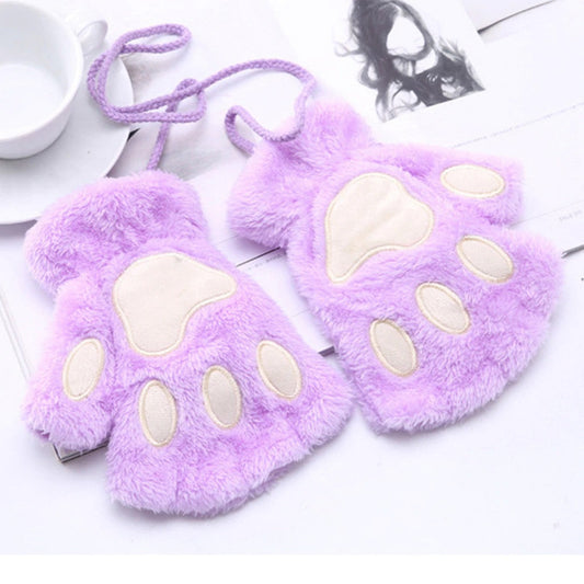 Mitaines peluchées patte de chat mauve