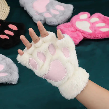 Mitaines peluchées patte de chat blanc