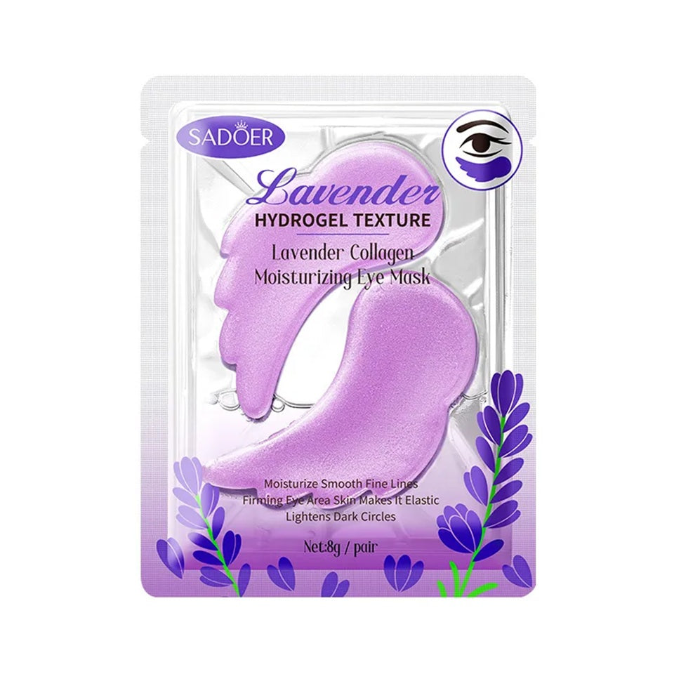 Patchs hydrogel pour les yeux au collagène SADOER, parfum lavande, soins contour des yeux hydratants.