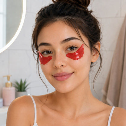 Jeune femme dans une salle de bain portant des patchs hydrogel rouges en forme d’ailes sous les yeux, soin contour des yeux anti-cernes hydratant, nourrissant et lissant.