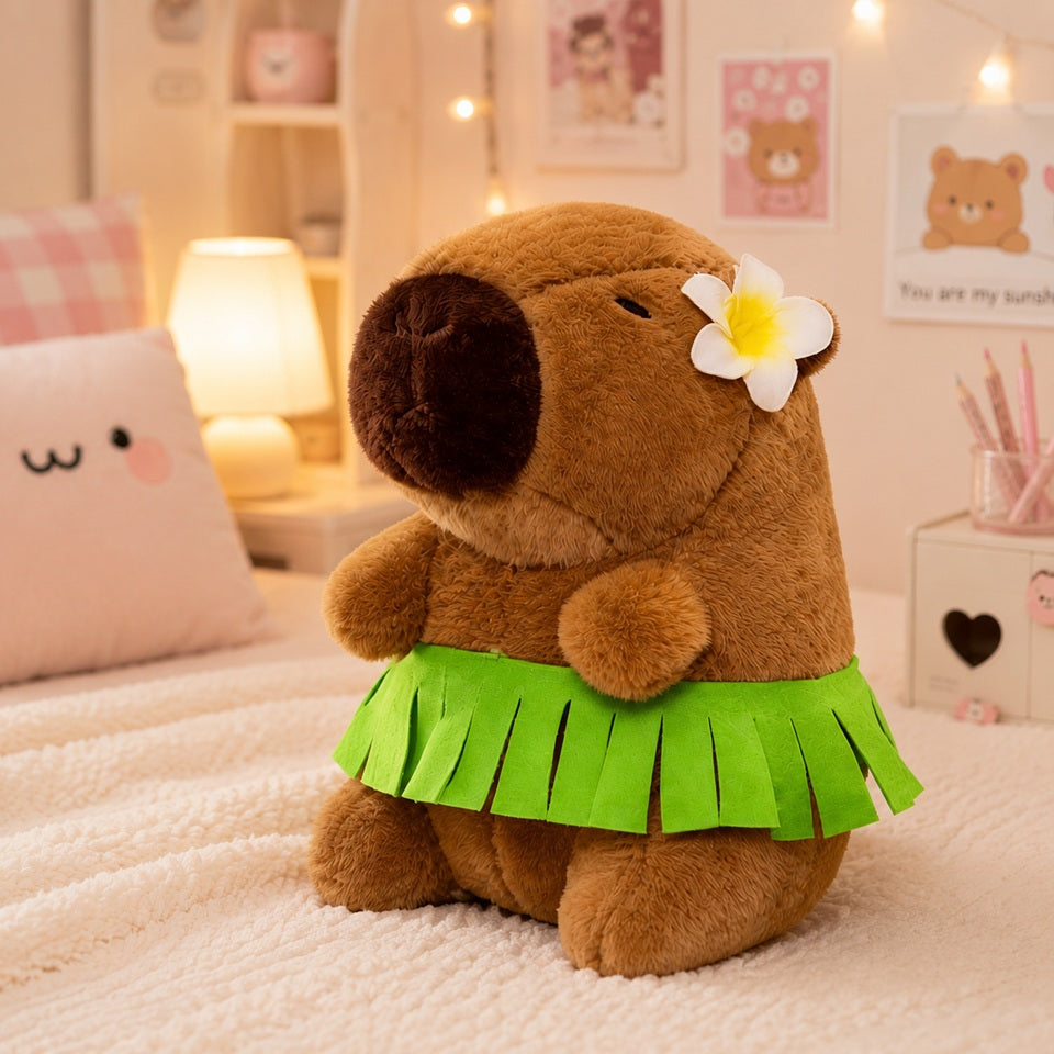 Peluche capybara marron toute douce portant une jupe hawaïenne verte et une fleur blanche à l'oreille, posée sur un lit dans une jolie chambre aux tons pastel. En arrière-plan, on aperçoit un coussin à motif floral, une lampe allumée, un vase de roses et de petites décorations kawaii créant une ambiance chaleureuse et mignonne.