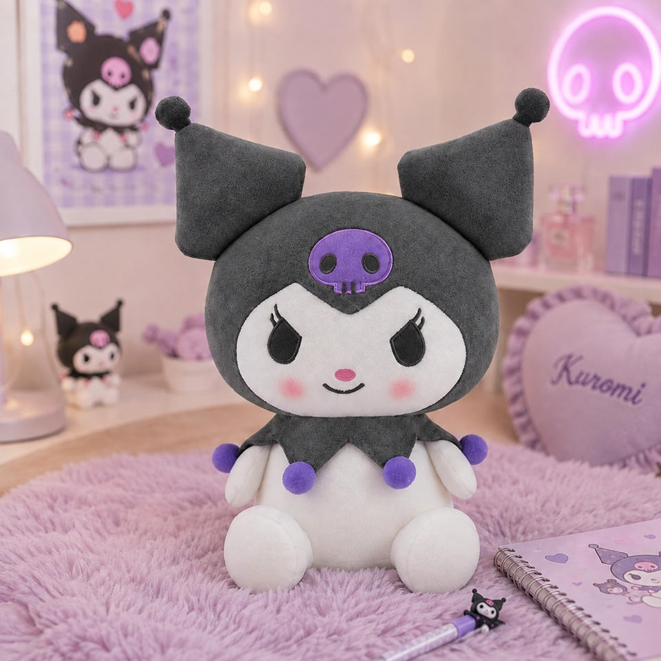 Peluche Kuromi kawaii noire et blanche avec tête de mort violette et pompons colorés, présentée dans un joli décor de chambre pastel rose et lilas.